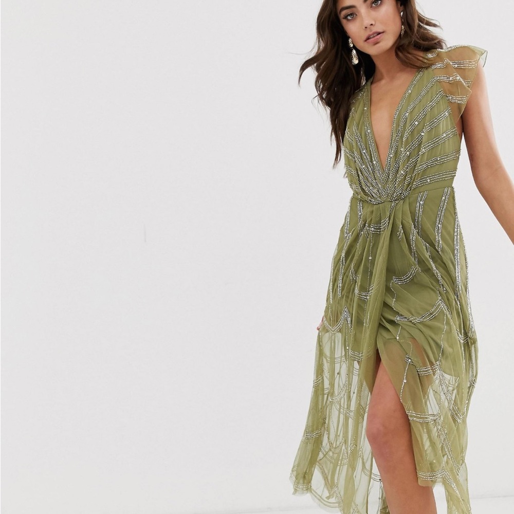 NWOT green beaded ASOS gown — beautiful — maxi, sage, low back, scalloped hem